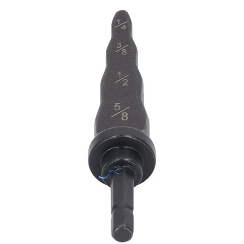 4 In 1 Pipe Tube Expander Tool For HVAC Copper Lines Set With Drill Bit showing sizing increments 1/4, 3/8, 1/2, 5/8 inch on black steel bit.