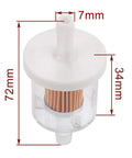 12 Pack 40 Micron One Quarter Inch Inline Fuel Filter For Small Engines Kawasaki FH430V FH451V FH500V with measurements shown