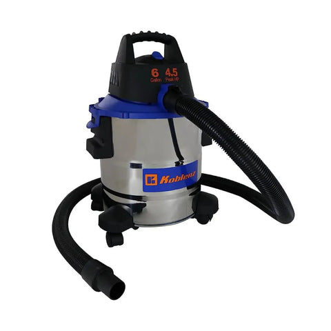 Wet-Dry Vacuum Cleaner With 6-Gallon Tank, 4.5 Peak HP Motor, Stainless And Blue Finish, front view on swivel casters