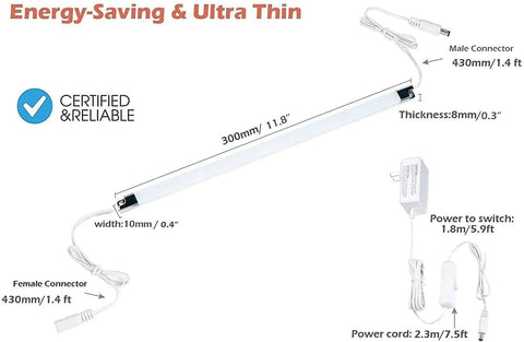 Lit Led Linkable 12 Inch Light Strips Kit With Switch For Warm 3000K Cabinets, dimensions and connectors shown