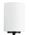 Close-up of etched white glass shade from Two-Light Vanity Light In Slick Textured Black With Etched White Glass Shades For Over The Mirror Modern Bathroom Fixture With Reversible Mounting For Easy Install.