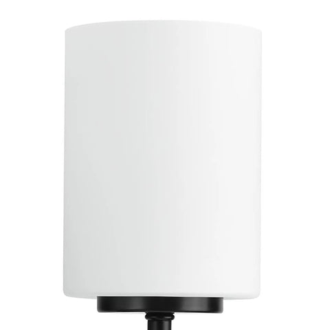 Close-up of etched white glass shade from Two-Light Vanity Light In Slick Textured Black With Etched White Glass Shades For Over The Mirror Modern Bathroom Fixture With Reversible Mounting For Easy Install.