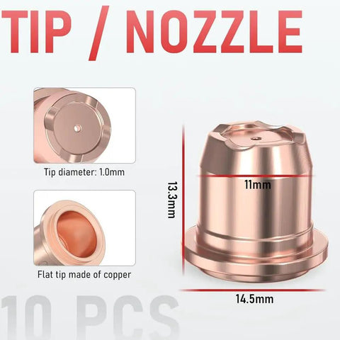 Top Notch Plasma Cutting Torch Consumables Kit Set With 10 Electrodes And Nozzles Plus Brackets For CUT-60DS PRO Machine Built To Last Tough, copper nozzle detail with dimensions.