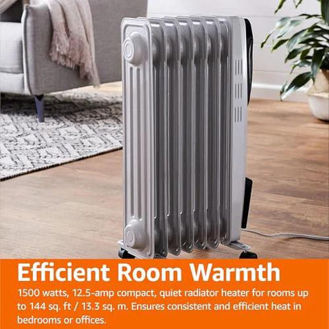 Amazon Basics oil-filled radiator heater, white, 7 fins, 1500W, indoor use.