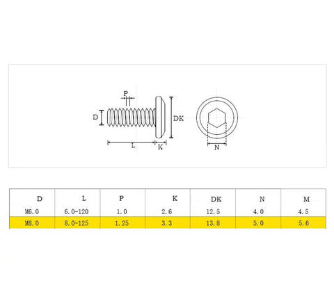 Technical diagram of 12-Piece M6 X 50mm Flat Socket Cap Allen Bolts For Furniture Assembly showing dimensions.