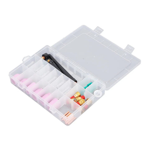 Ultimate 40 Piece TIG Welding Consumables Kit For Wp9 25 includes assorted ceramic nozzles and clips in a clear storage case.