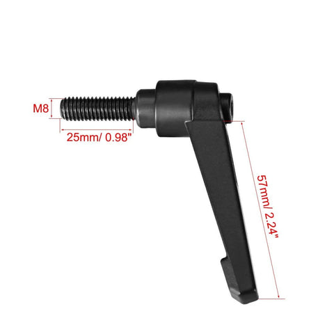 Side view of M8 25mm Adjustable Clamping Lever With Push Button Ratchet And Male Threaded Stud, matte black plated steel, 57mm length