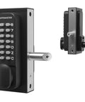Top Shelf Heavy Duty Digital Keypad Gate Lock Single Sided Left Hand With Solid Steel Frame Adjustable Strike Bolt And External Code Entry Effortless Outdoor Setup view from the front showing keypad and latch.