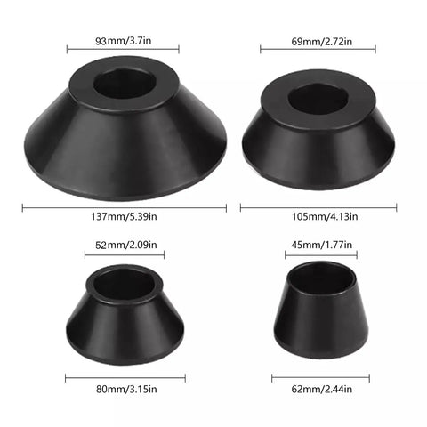 Top Shelf Four Piece Wheel Balancer Taper Cone Set Built Tough With Heavy Duty Forty Five Steel For 40mm Shafts And Universal Fitment On Cars And Trucks Ride Ready Garage Must Haves, various sizes shown.