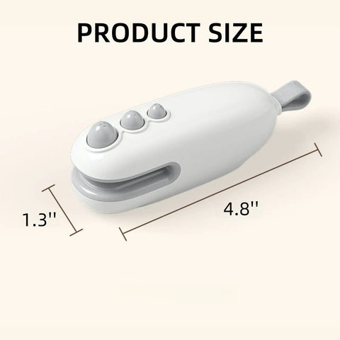 White 2 In 1 USB Rechargeable Heat Sealer With Cutter For Plastic Bags, showing compact 4.8x1.3 inch size, grab and go design.