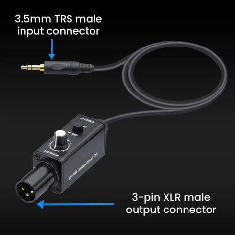 Direct Box 1 Channel Passive DI Box For Laptop Smartphone Tablet 3.5mm To XLR Converter With Ground Lift, connectors shown