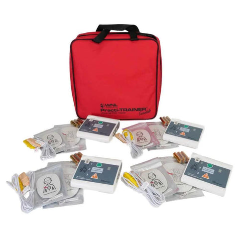 AED training kit, 4-pack by WNL Practi-TRAINER, includes trainer units with defibrillator pads and red carry case.