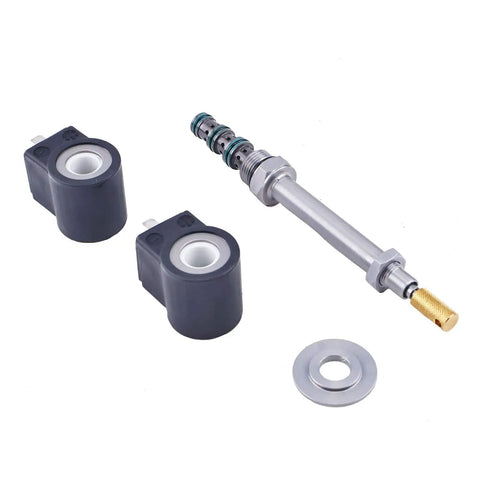 4-Way 3 GPM Hydraulic Spool Valve SV08-47DM-0-N Aftermarket Replacement For HydraForce 08 Series VC08-4 Cavity With 2 Solenoid Coils 24V DC 4-Position 3-Stage Valve components including solenoid coils and valve body.
