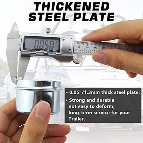 Close-up view of trailer hub dust caps, 1.98-in, steel, 4 pcs for 2000–3500 lb trailer axles; grease cover caps.
