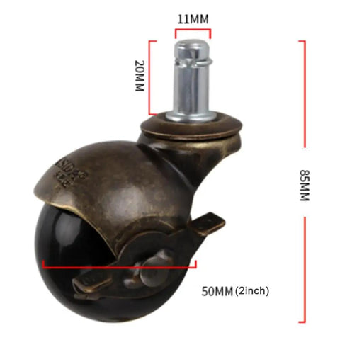 2 Inch Antique Brass Ball Caster Wheels Pack Of Five Heavy Duty Swivel Castors For Office Chairs And Furniture with brake details.