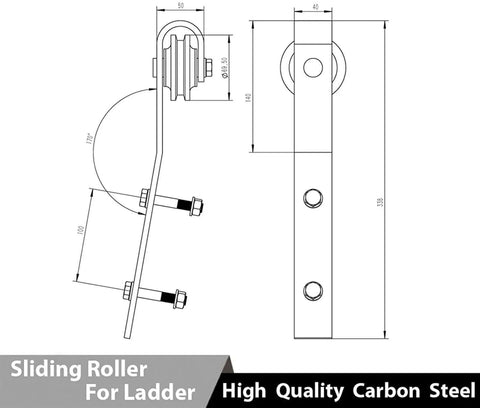 Technical drawing of sliding roller for ladder, part of Sliding Ladder Track Kit For Library And Loft Quiet Smooth Glide Barn Door Hardware System