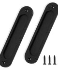 2 Pack Matte Black Flush Pull Barn Door Handles 6 Inch Round Corner Rectangular Flat Plate Recessed Sliding Pocket Door Hardware