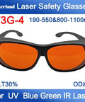 Multi-Wavelength OD6 Laser Safety Goggles With UV Blue And Green Light Filter For Precision Labs And Workshops Pro Level Eye Protection That Slays Hazards Durable Frames And CE Certified Gear You Can Trust, showing orange lenses and black frames.