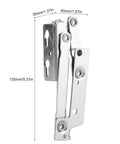 Side view of two piece steel durable lift up spring hinge for cabinets with measurements, easy install and abrasion resistant.