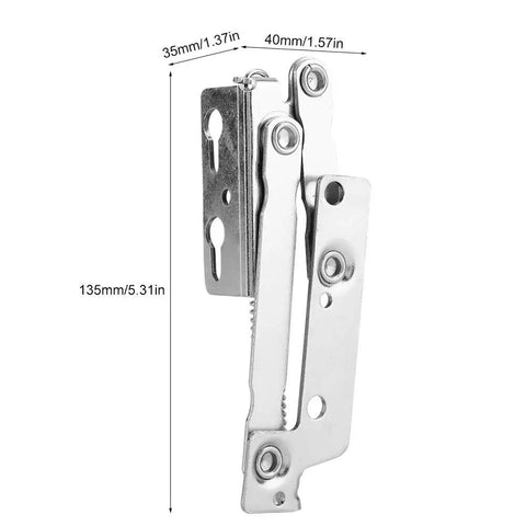 Side view of two piece steel durable lift up spring hinge for cabinets with measurements, easy install and abrasion resistant.