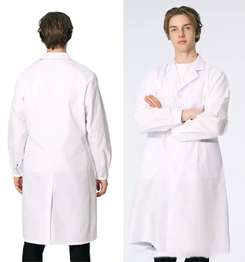 Front and back view of Unisex Professional Lab Coat White Cotton Poly Blend Long Sleeve Medical Coat With 3 Pockets