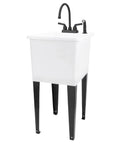 Space Saving Utility Sink With Gooseneck Faucet And Side Sprayer Narrow White Tub Black Faucet Durable Thermoplastic Construction Handy Compact Design For Tiny Kitchens And Laundry Areas