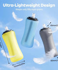 Three lightweight bottles with feathers, featuring focus on Collapsible Silicone Handheld Water Bottle With Ergonomic Strap 350ml Blue.