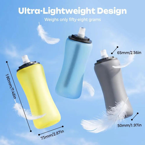 Three lightweight bottles with feathers, featuring focus on Collapsible Silicone Handheld Water Bottle With Ergonomic Strap 350ml Blue.
