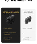 Comparison of HOVERAir PRO MAX and X1 drones, highlighting 42KMH speed and features of the Lit 8K Action Flying Camera Drone With Foldable Design 42 KMH Follow Speed 10 Plus Automated Flight Modes OmniTerrain Stability SmoothCapture 2.0 For Ultra Clear Aerial Vlogs And Stunts.