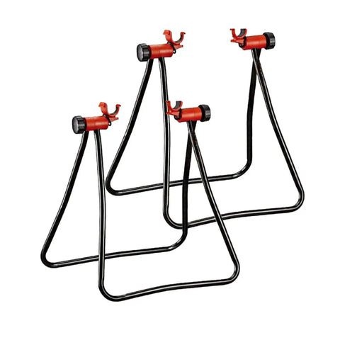 Foldable Aluminum Bike Repair Stand For DIY Home Mechanics, Easy Foldout Legs, black frame with red mounts, rear hub axle