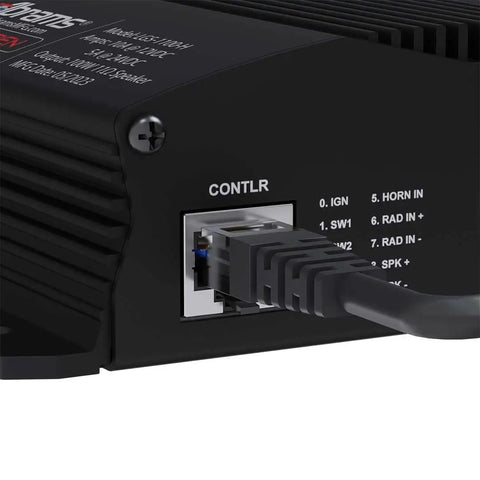 Close-up of a 12V emergency siren system control port for fire trucks, police cars, and ATVs, showcasing beefed-up 100W amplifier.