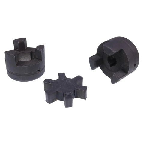 Front view of three-piece black L-jaw coupling set for hydraulic equipment; Buna-N rubber spider