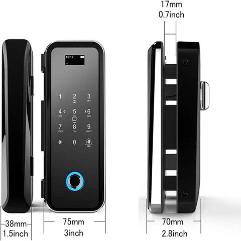 Heavy Duty Fingerprint Smart Deadbolt Lock With Numeric Keypad And Password Access Featuring No Fuss Keyless Entry Installation. Side view showcases dimensions.