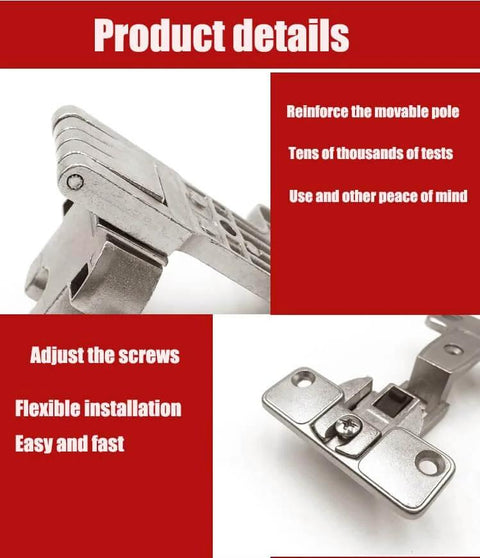 Close-up of Four Piece 270 Degree Folding Flat Hinge Set for full coverage kitchen cabinets made from heavy-duty zinc alloy with adjustable screws.