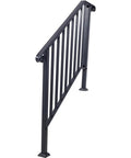 Top Shelf Three Step Outdoor Handrail, Black Metal Stair Railing Kit With Curved Wrought Iron Balusters, side view of sturdy handrail.