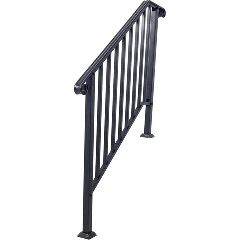 Top Shelf Three Step Outdoor Handrail, Black Metal Stair Railing Kit With Curved Wrought Iron Balusters, side view of sturdy handrail.