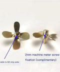 32mm Five Blade Brass Left Hand Propeller For RC Submarine Models With M3 Shaft Hole High Precision Scale Prop Delivers Extra Thrust Versus Three Blade Designs And With Saltwater Durability For Realistic Forward Drive, shown from side and top views highlighting M3 shaft compatibility.