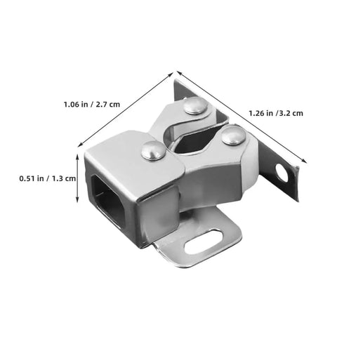15 Piece Cabinet Latch Kit Featuring Double Roller Spring Ball Catch For Wardrobe Closet Cupboard Door With Smooth Automatic Locking Action And Easy Install Fit, close-up of double roller latch in silver metal.