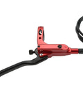 Rock Solid Four Piston Hydraulic Disc Brake Set For Mountain Bikers With Drop Dead Smooth Bilateral Oil Lines And Tough Resin Pads For Hardtail Or Full Suspension Shredding, red brake lever and hose.