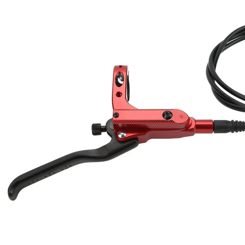 Rock Solid Four Piston Hydraulic Disc Brake Set For Mountain Bikers With Drop Dead Smooth Bilateral Oil Lines And Tough Resin Pads For Hardtail Or Full Suspension Shredding, red brake lever and hose.