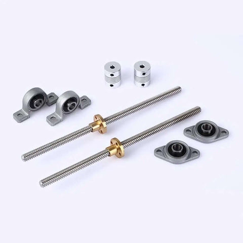 Upgrade Your 3D Printer Rig With This Reliable T8 Lead Screw Kit For Smooth Vertical Or Horizontal Motion On Any Desktop Setup Featuring 8mm Diameter And 2mm Pitch Fits KFL08 And KP08 Linear Bearings For Precise Control On Each Build. T8 lead screw kit with 8mm shafts, couplers, and KFL08/KP08 bearings on white background