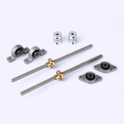 Upgrade Your 3D Printer And CNC Machine With This Awesome T8 Lead Screw Kit Featuring 8mm Diameter 2mm Pitch Vertical Or Horizontal Setup 300mm Length Compatible With KFL08 Or KP08 Nuts For Super Smooth Printing And Precision Engraving Jobs. T8 lead screw kit with two 300mm shafts, couplers, and KFL08/KP08 bearings