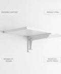 White Hidden Wall Mount Floating Shelf Brackets, invisible support in minimalist design for modern storage solution.
