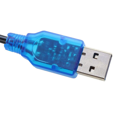 Close-up of blue USB connector for Two Pack 3.7V USB Charger Cable With SM2P Plug Connector For Li Ion Batteries USB Charging Cable