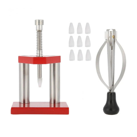 Red Watch Repair Tool Kit With Hand Plunger Puller Remover Set, Solid Alloy Steel Build And 10 Plastic Dies, tools displayed