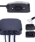Dual Electrical Parallel Device For Ts Tc Max E Bikes Scooters And Motorcycles Lets You Run Two Batteries In Parallel For Extended Power Life Easy Install L Type Square Mount Twin Battery Connector For Longer Ride Time shown from top and side angles