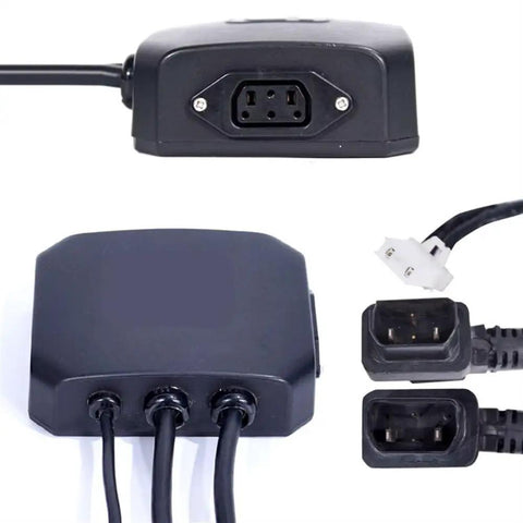 Dual Electrical Parallel Device For Ts Tc Max E Bikes Scooters And Motorcycles Lets You Run Two Batteries In Parallel For Extended Power Life Easy Install L Type Square Mount Twin Battery Connector For Longer Ride Time shown from top and side angles