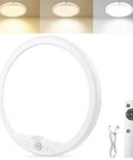 Rechargeable Motion Sensor Ceiling Light With Remote Cordless Magnetic Stick On Closet Light For Shower Shed Hallway Porch Stairs And Garage 8000mAh Battery USB Quick Charge Long Lasting Power with warm, neutral, and cool light settings, remote control, and USB cable