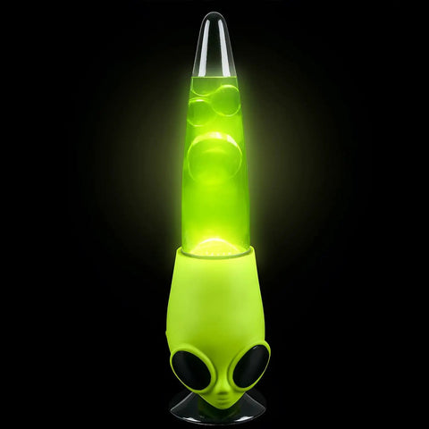 13 Inch Alien Head Wax Motion Lamp With Swirling Color Lights glowing in the dark, showcasing a unique alien head shape