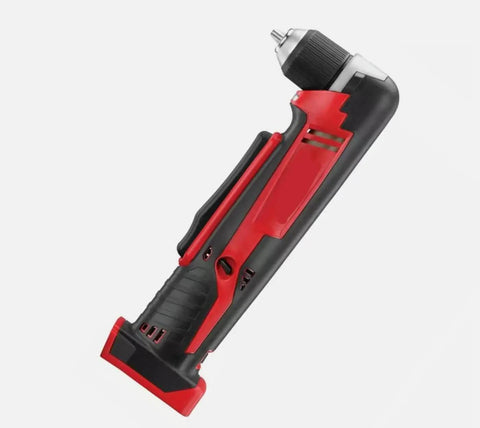 Side view of Heavy Duty Cordless Lithium Ion Right Angle Drill Compact High Torque Quick Disconnect Battery Power Tool.